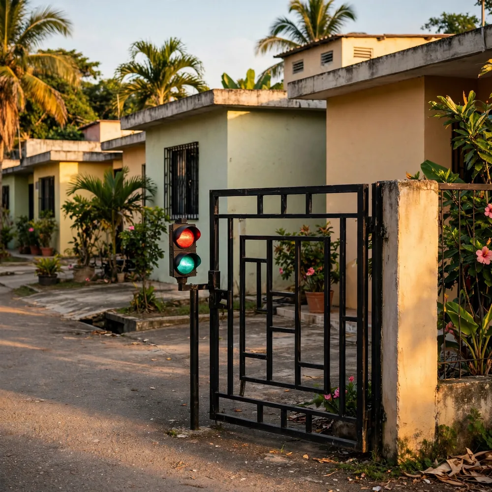 A traffic light at a gate